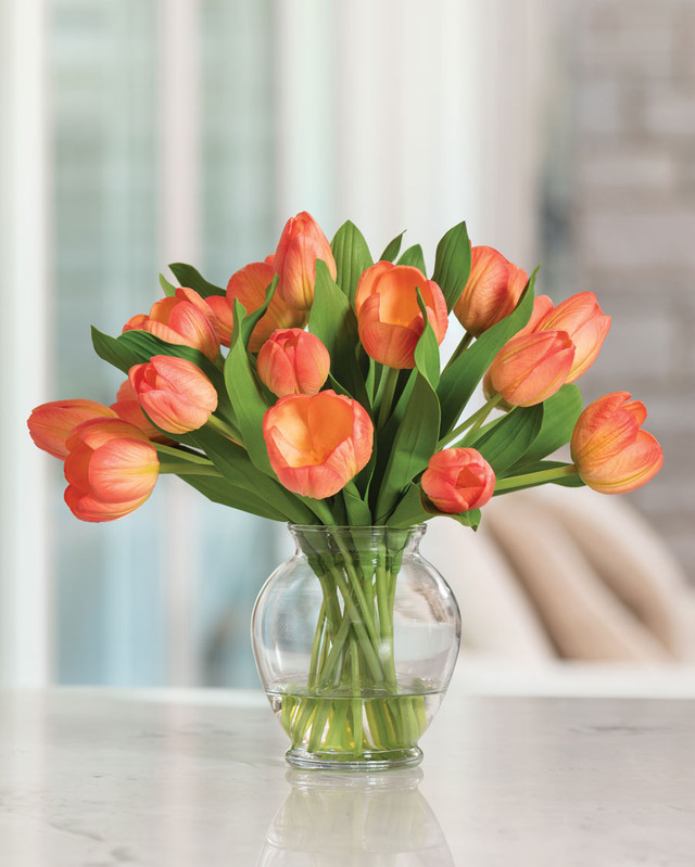 Garden Tulip faux flower bouquet in a styled living room setting